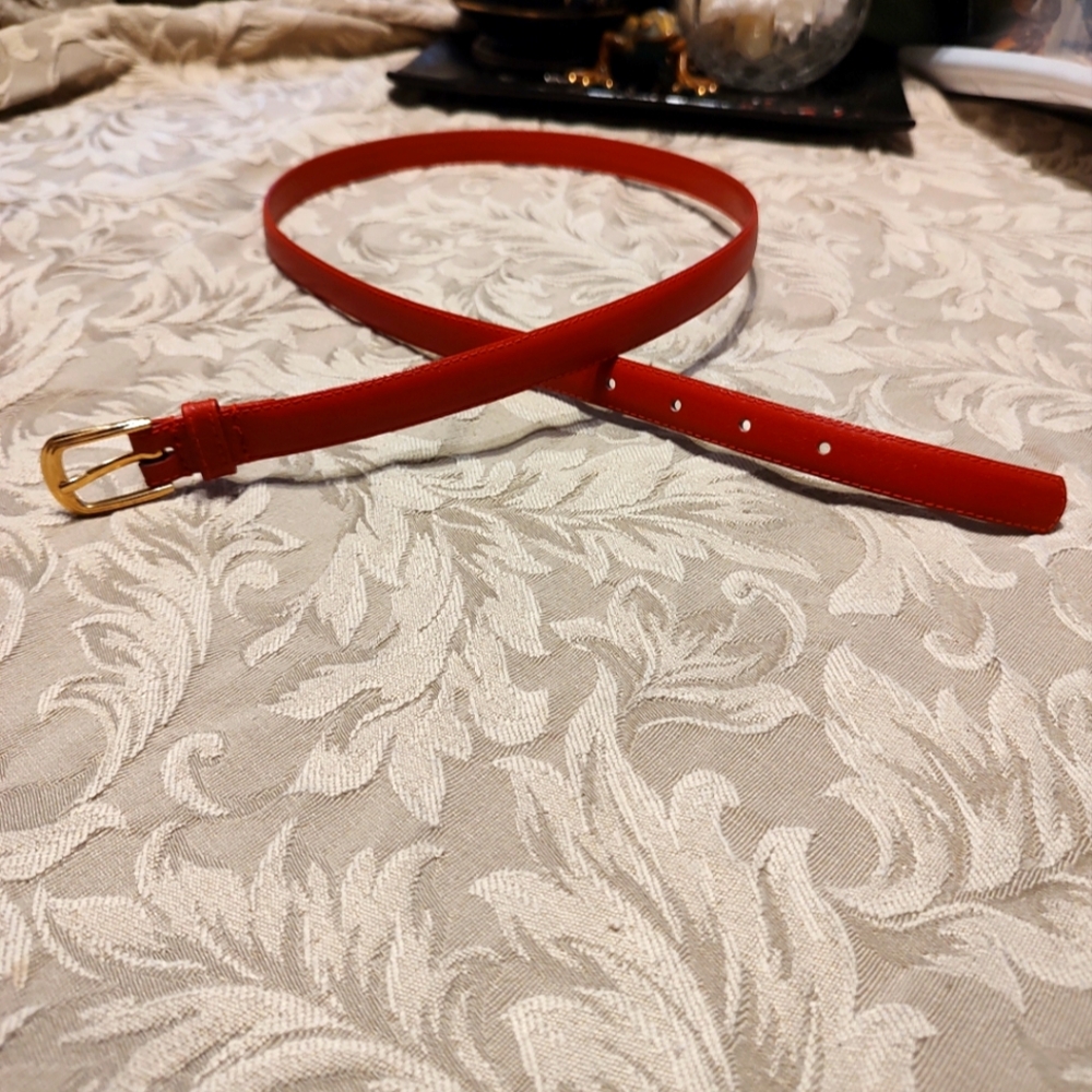 🍒 Lovely Vintage 70's Cherry Red Genuine Bonded Leather & Gold Belt - M/L - Picture 2 of 16